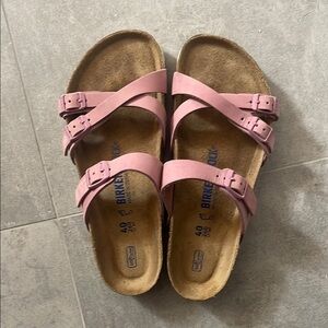 Birkenstock Pink Two-Strap Sandals with Cork Footbed